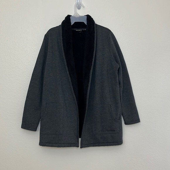L.L.Bean 1912 Sherpa-Lined Open Front Cardigan Womans Grey/Black - Picture 1 of 11